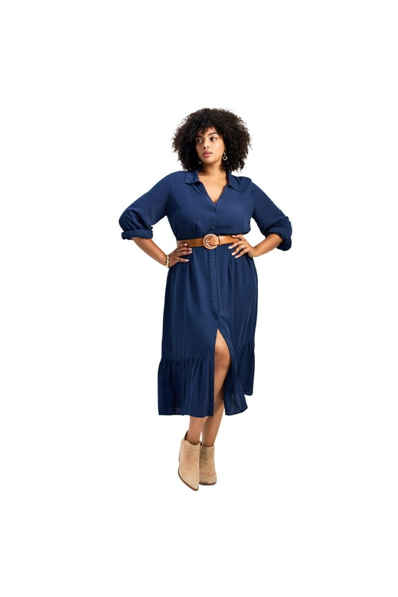 Women's Plus Size Averie Textured Shirtdress With Pu Belt