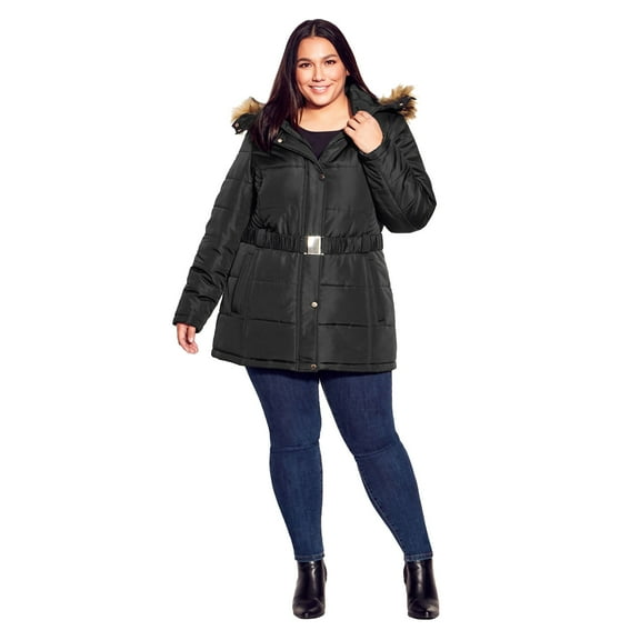 Avenue Women's Plus Size Belted Hood Puffer Coat