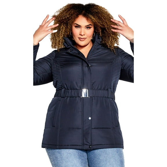 Avenue Women's Plus Size Belted Hood Puffer Coat