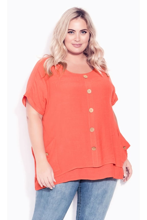 Women's Plus Size Brianna Round Neckline Short Sleeves Oversized Button Top