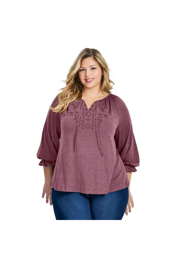 Women's Plus Size Brie Embroidered Neckline Top