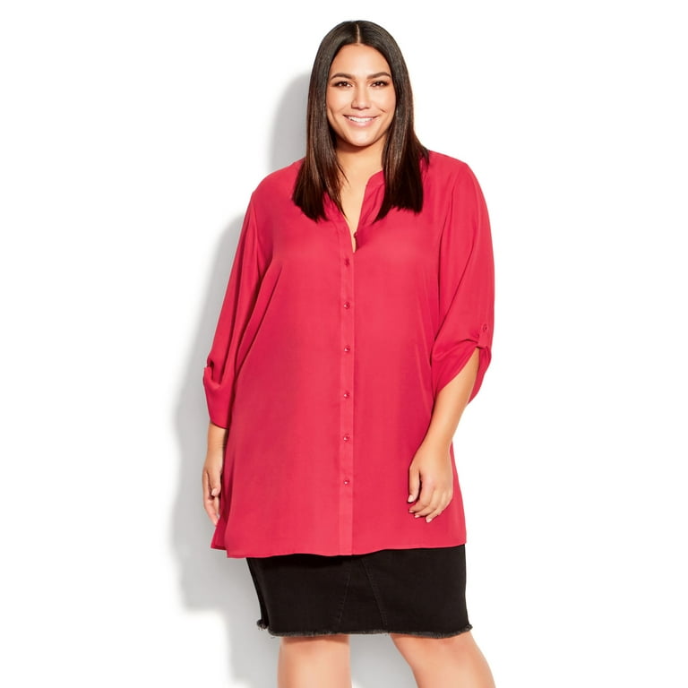Avenue Women's Plus Size Button Front Tunic Top - Red