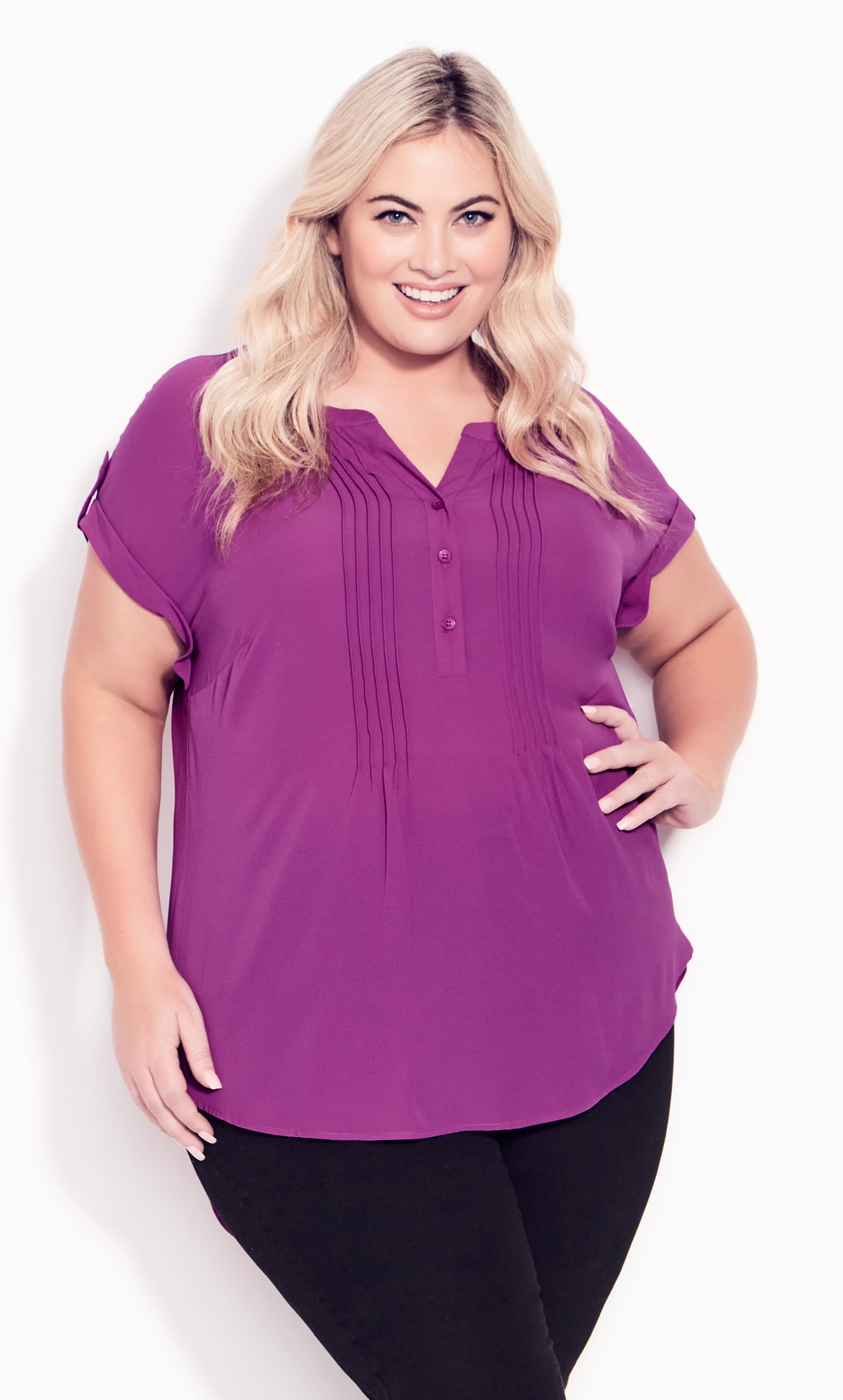 Avenue Women's Plus Size Button Pleat Short Sleeves Top, Female