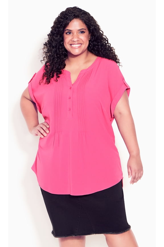 Women's Plus Size Button Pleat Short Sleeves Top