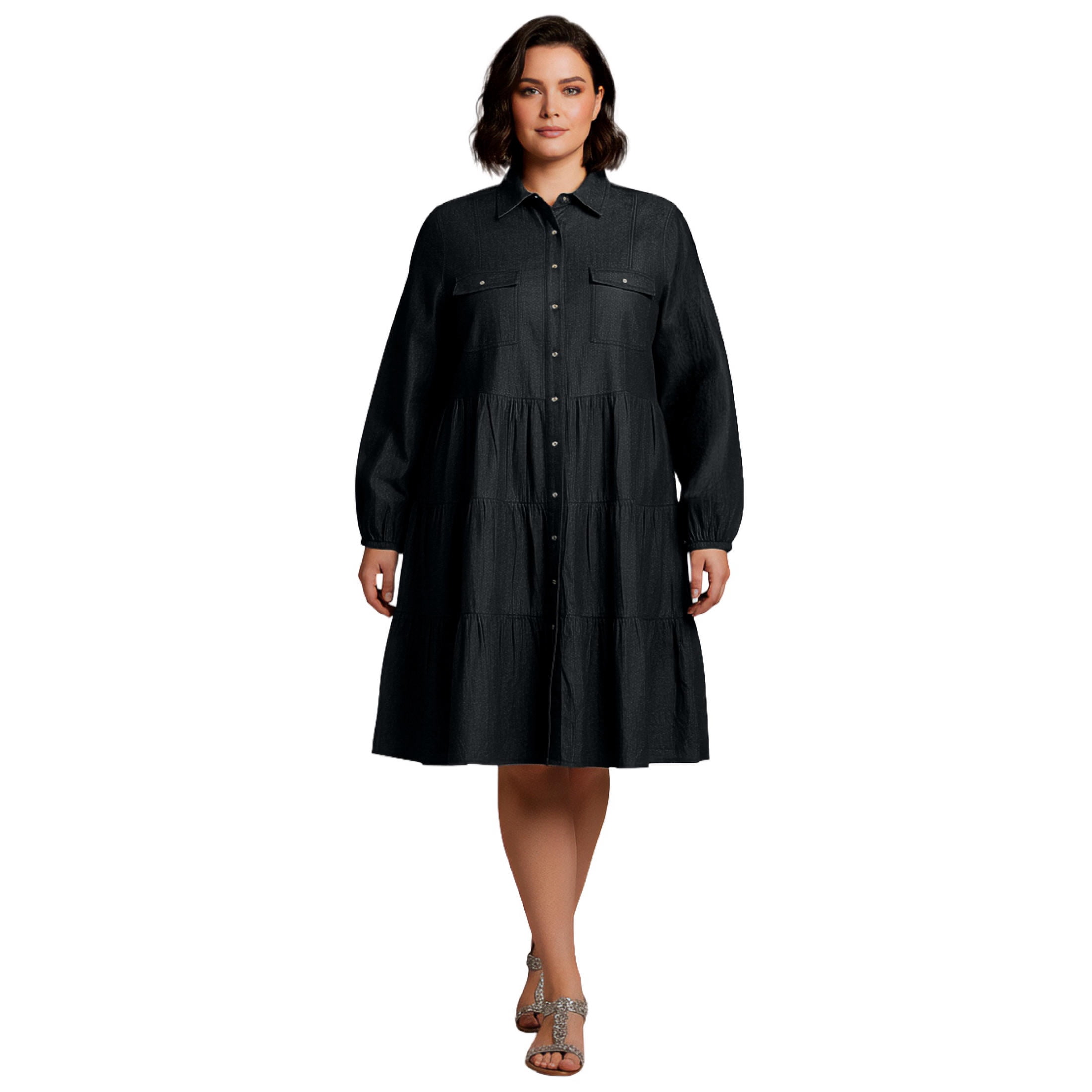 womens chambray shirt dress Shirtdress An easy shirt dress for everyday styling The Arlington mini boasts a partial front button placket with a rounded contrast bib Susan Graver Regular Chambray Midi