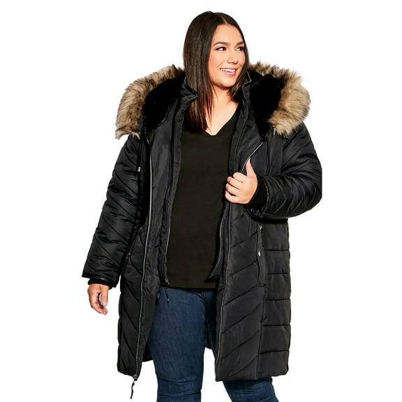 Avenue Women's Plus Size Chevron Faux Fur Hood Long Puffer Coat