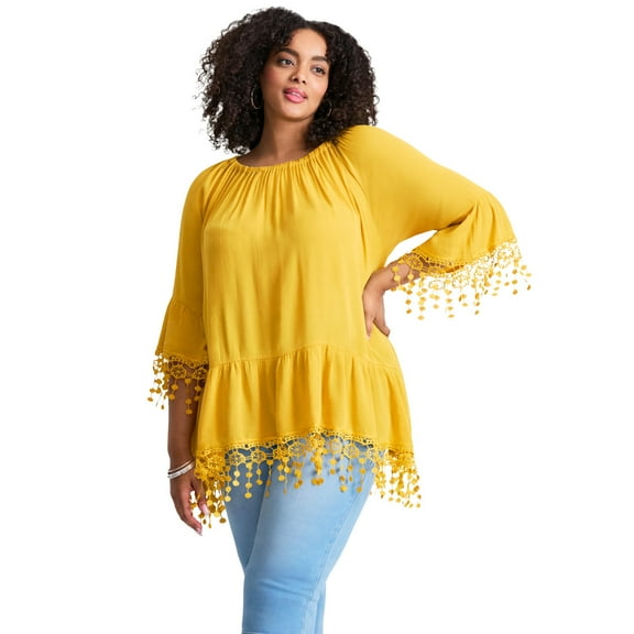 Avenue Women's Plus Size Crochet Fringe Trim Tunic