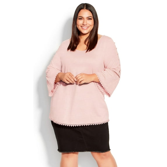 Avenue Women's Plus Size Crochet Split Sleeve Top 3/4 Length Bell Sleeves V-Neckline