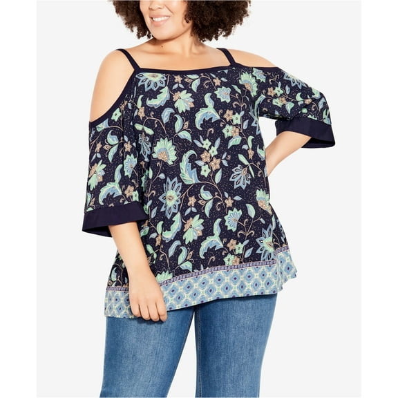 EVANS Womens Floral-Print Cold Shoulder Blouse, Multicoloured, Plus Size, 14