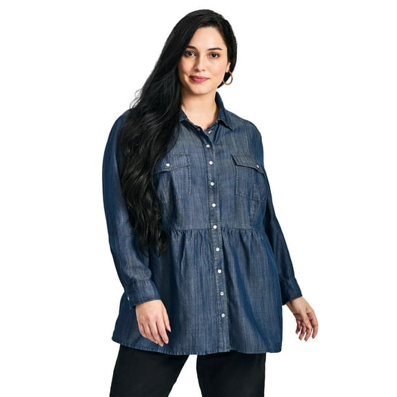 Avenue Women's Plus Size Denim Tiered Shirt