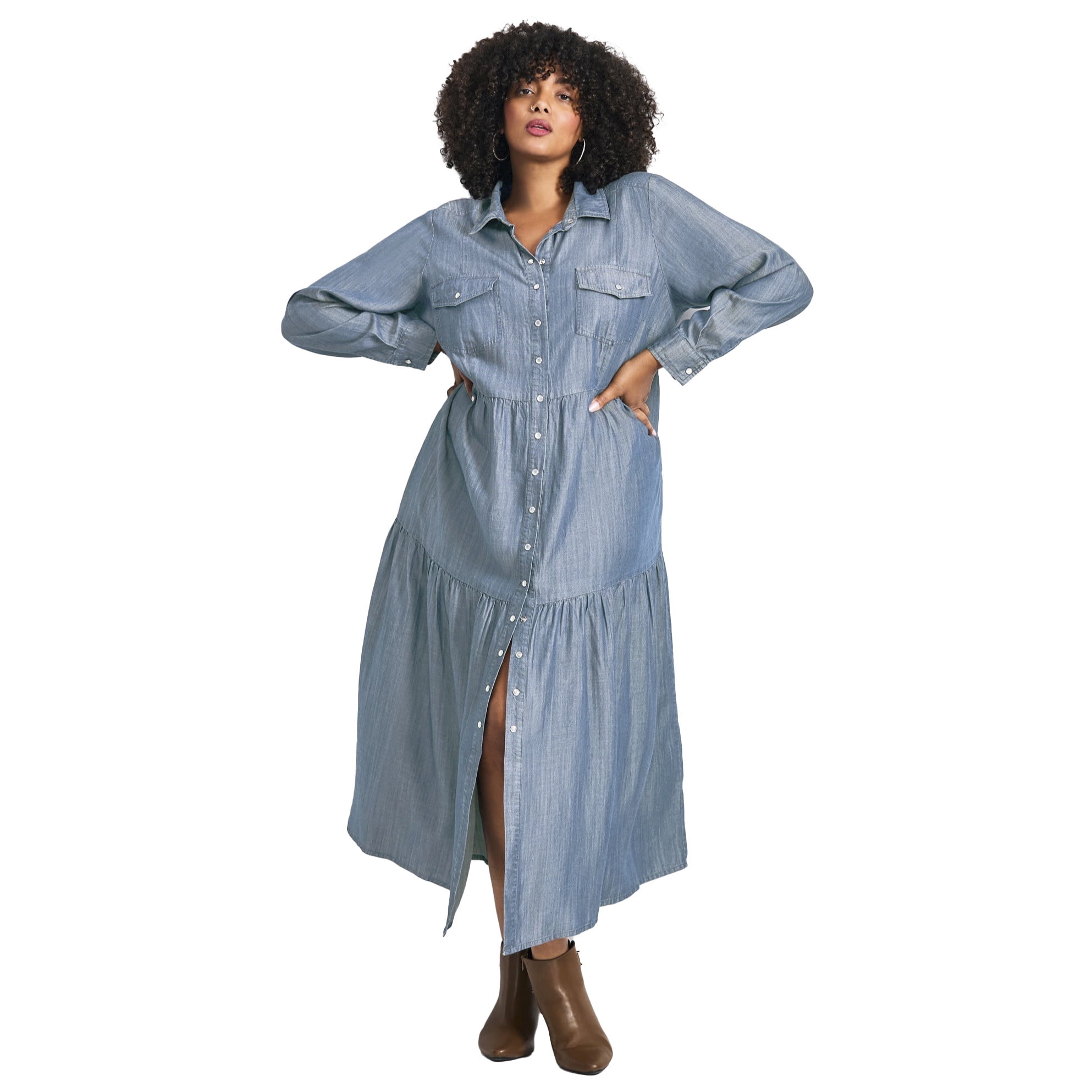 avenue denim dress Avenue Women's Plus Size Denim Tiered Shirtdress