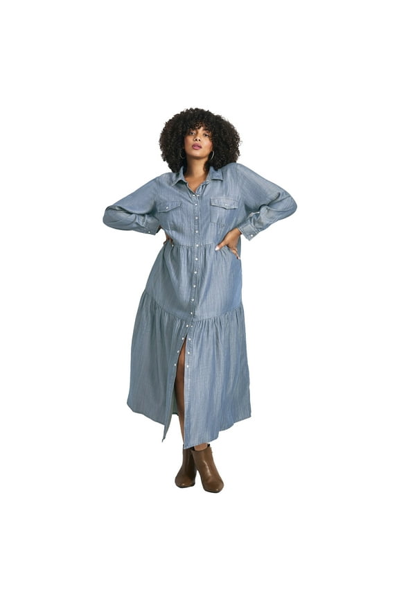 Women's Plus Size Denim Tiered Shirtdress