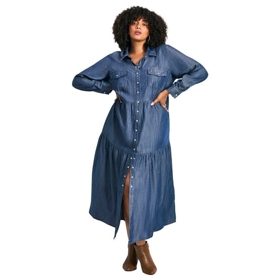 Avenue Women's Plus Size Denim Tiered Shirtdress