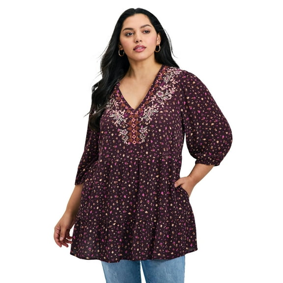 Avenue Women's Plus Size Ditsy Embroidered Tunic