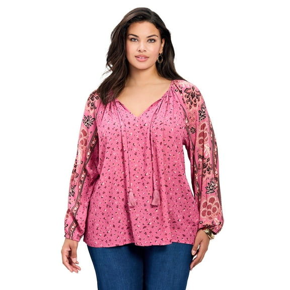 Avenue Women's Plus Size Eliana Border Print Sleeve Peasant Top