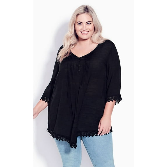 Avenue Women's Plus Size Ellie Pintuck Lace Top 3/4 Sleeves - Black