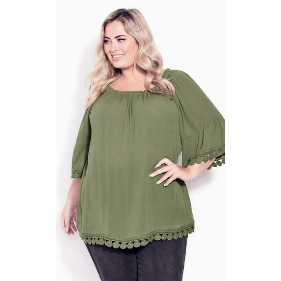 Avenue Women's Plus Size Ember Lace Trim Top Elbow Sleeves - Olive