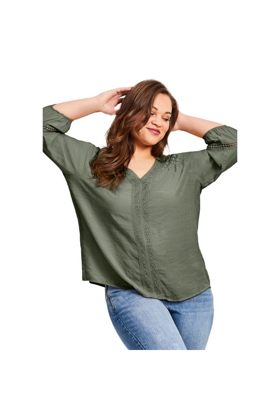 Women's Plus Size Embroidered Lace Detail Peasant Blouse