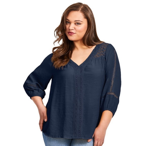 Avenue Women's Plus Size Embroidered Lace Detail Peasant Blouse