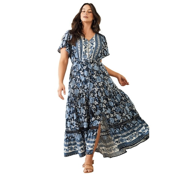 Avenue Women's Plus Size Emmy Placement Print Maxi Dress