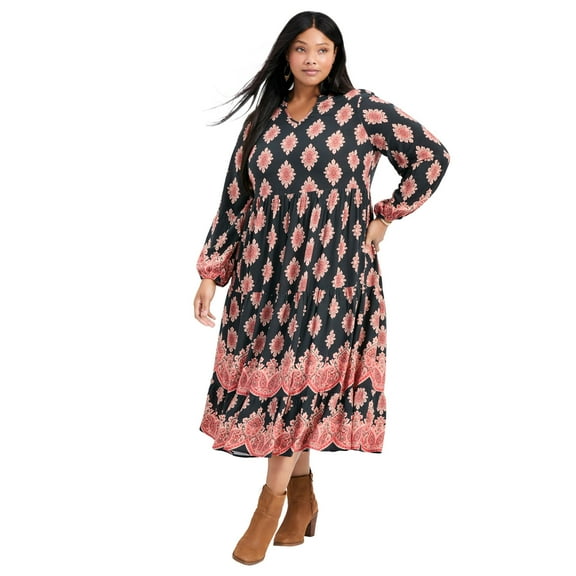 Avenue Women's Plus Size Everlasting Bordered Print Blouson Sleeve Dress