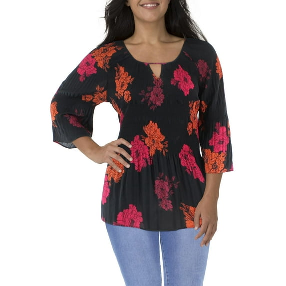 Avenue Womens Plus Floral Print Pleated Blouse