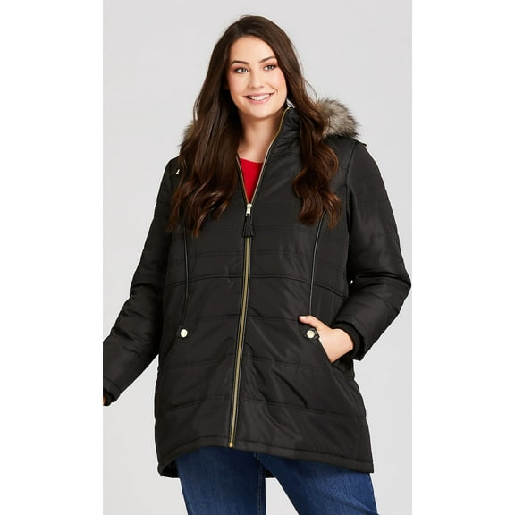 Avenue Women's Plus Size Faux Leather Detail Puffer Coat