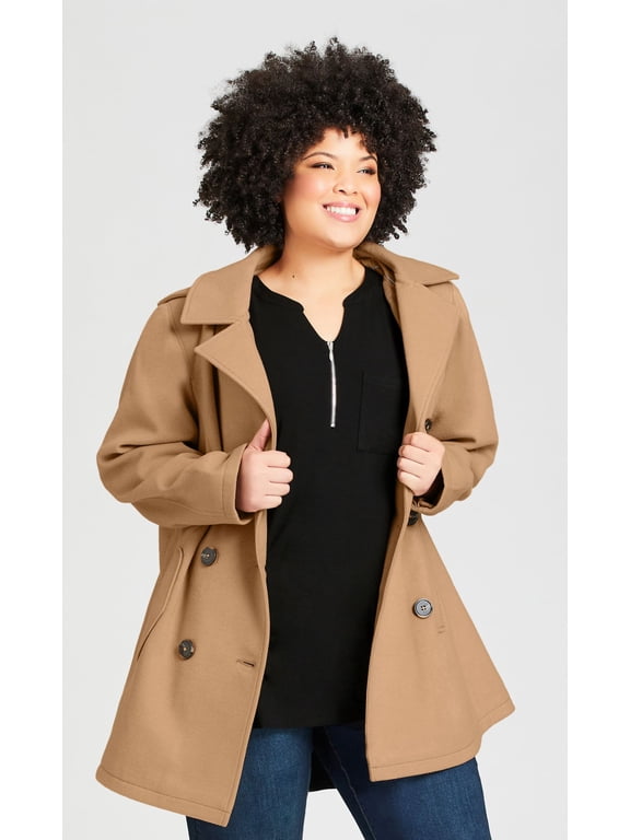 Plus Size Faux Wool Peacoat Women's 26/28 Camel Notch Button Closure
