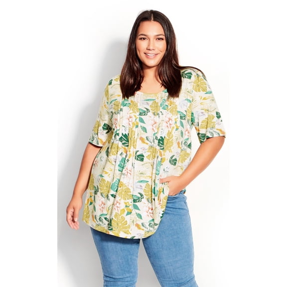Avenue Women's Plus Size Female Knit Pleated Print Top Short Sleeve Round Neckline