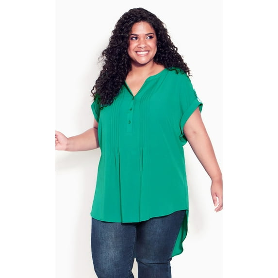 Avenue Women's Plus Size Female Notch V-Neckline Short Sleeve Button Pleated Top