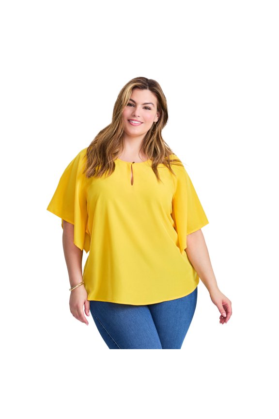 Women's Plus Size Flutter Sleeve Keyhole Blouse