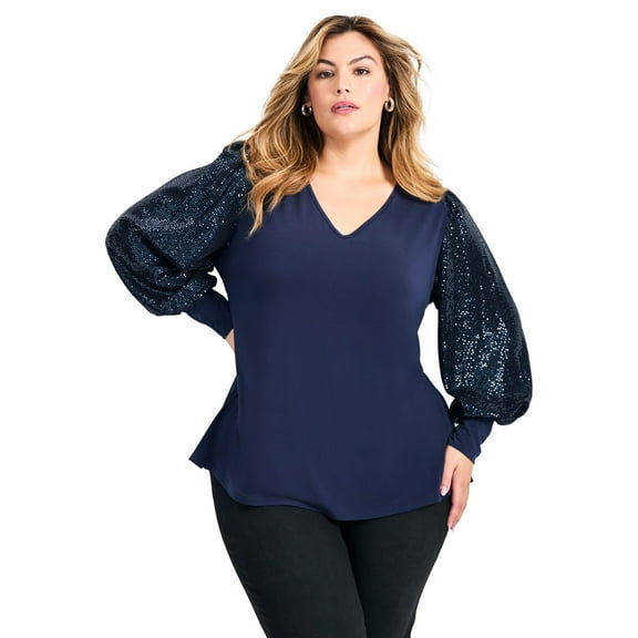 Avenue Women's Plus Size Glam Sequin Sleeve Top