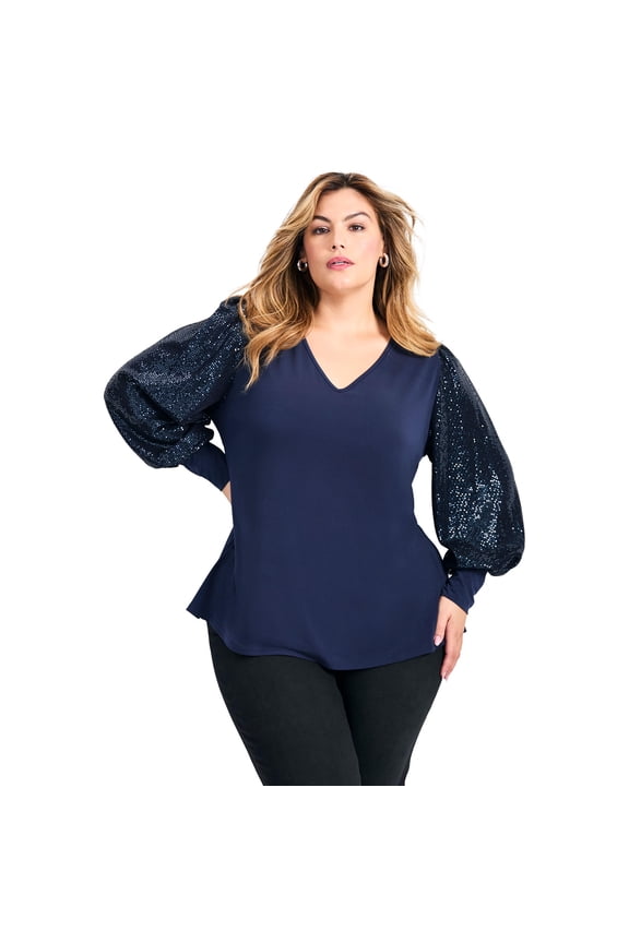 Women's Plus Size Glam Sequin Sleeve Top
