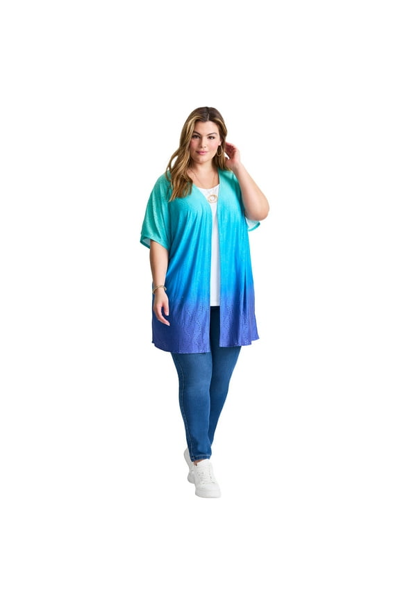 Women's Plus Size Knit Eyelet Kimono Jacket