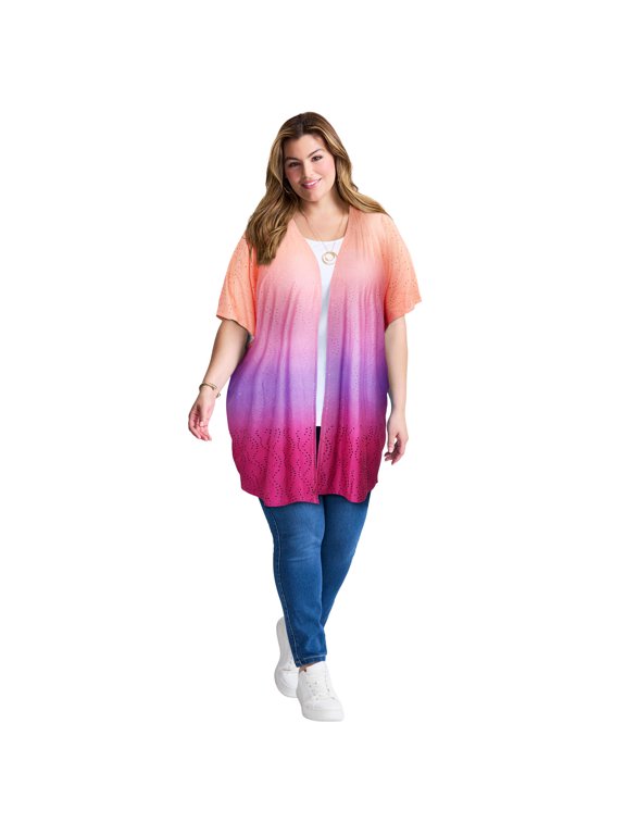 Women's Plus Size Knit Eyelet Kimono Jacket