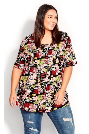 Women's Plus Size Knit Pleated Print Top Short Sleeve Round Neckline, Female