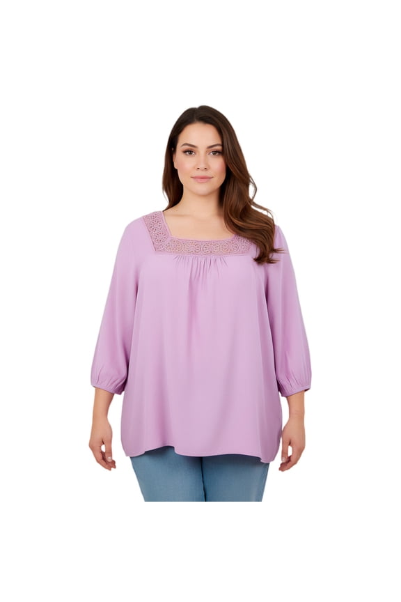 Women's Plus Size Lace Neckline Peasant Blouse