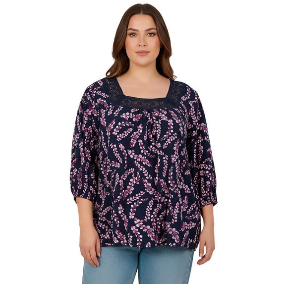 Avenue Women's Plus Size Lace Neckline Peasant Blouse