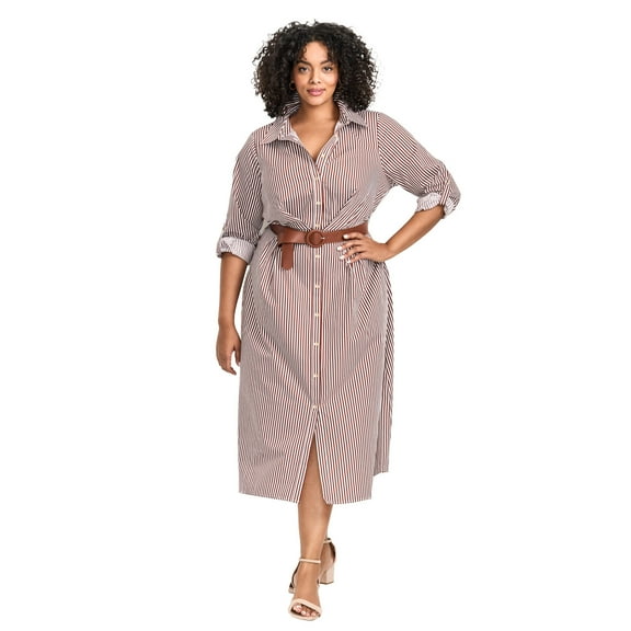 Avenue Women's Plus Size Leona Stripe Shirtdress With Belt