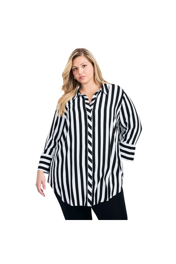 Women's Plus Size Linear Longline Stripe Shirt