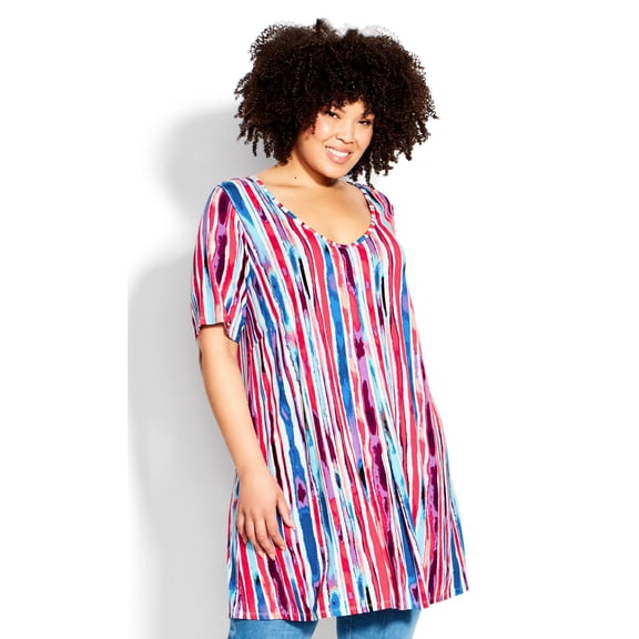 Avenue Women's Plus Size Liv Pleat Print Tunic Top Short Sleeve Round Neckline, Female