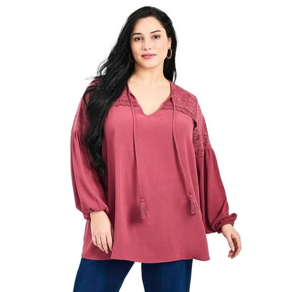 Avenue Women's Plus Size Marcie Lace Yoke Long Sleeve Top