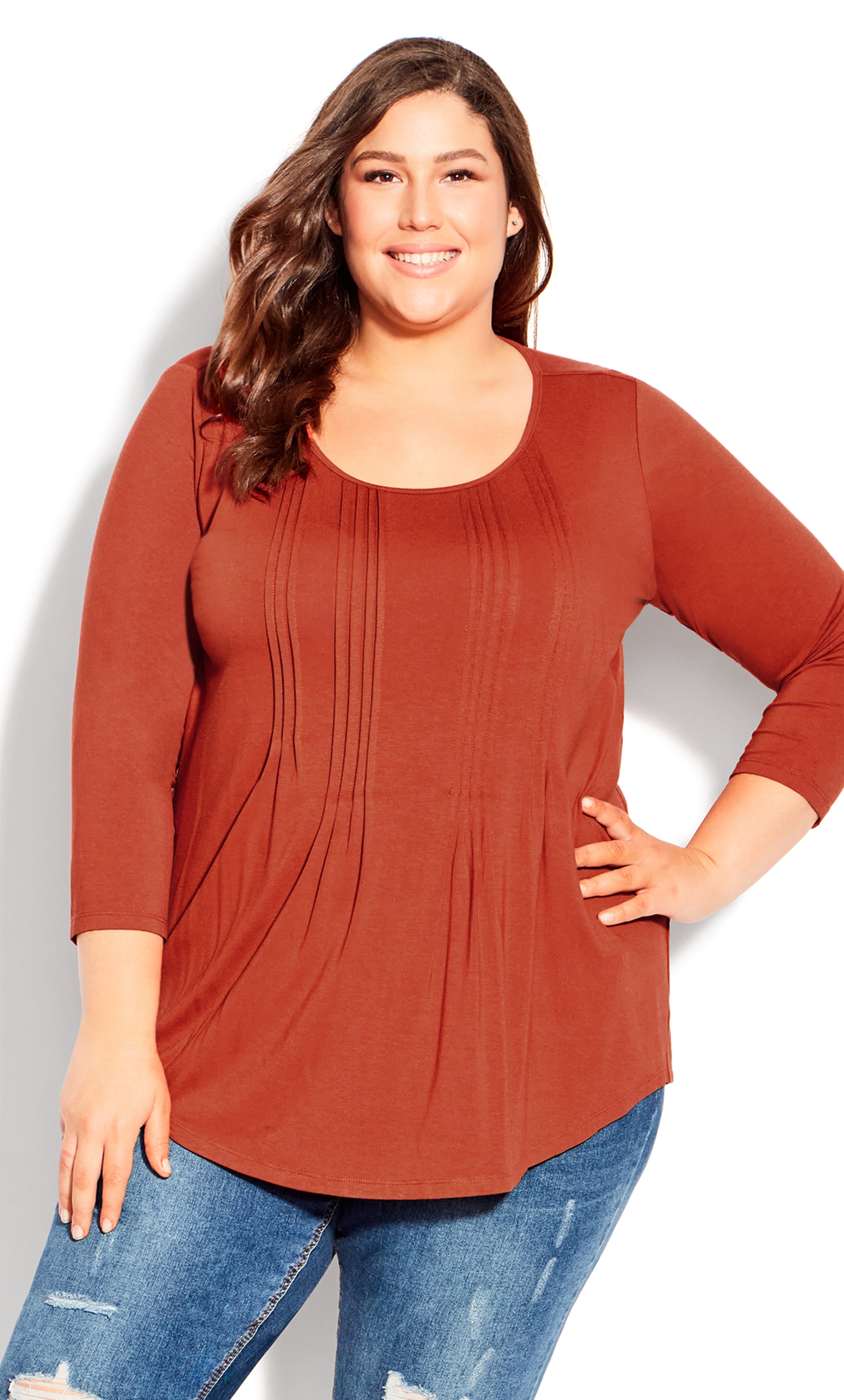 Avenue Women's Plus Size Milly Pleat Plain 3/4 Sleeves Scoop Neckline