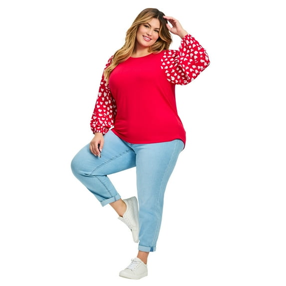 Avenue Women's Plus Size Mix Media Heart Sleeve Top