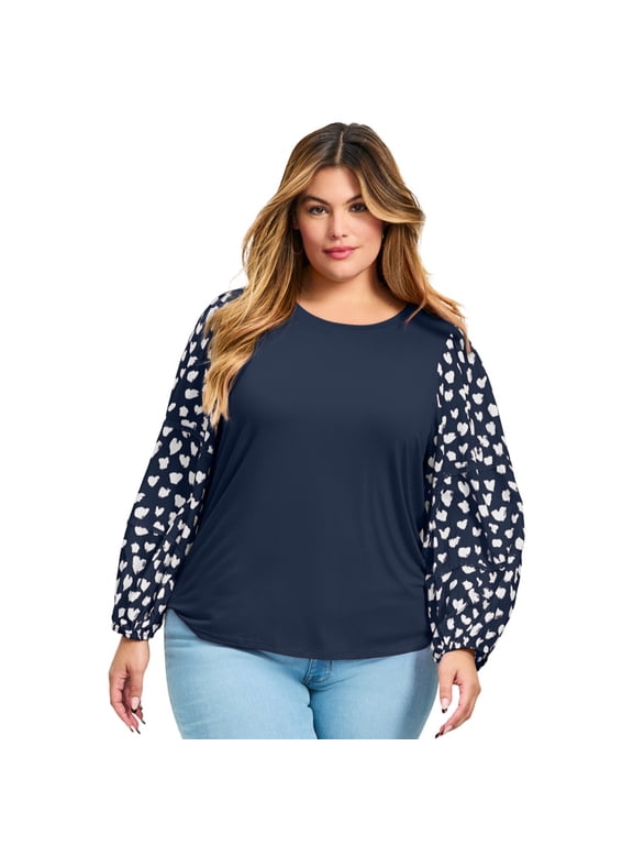 Women's Plus Size Mix Media Heart Sleeve Top