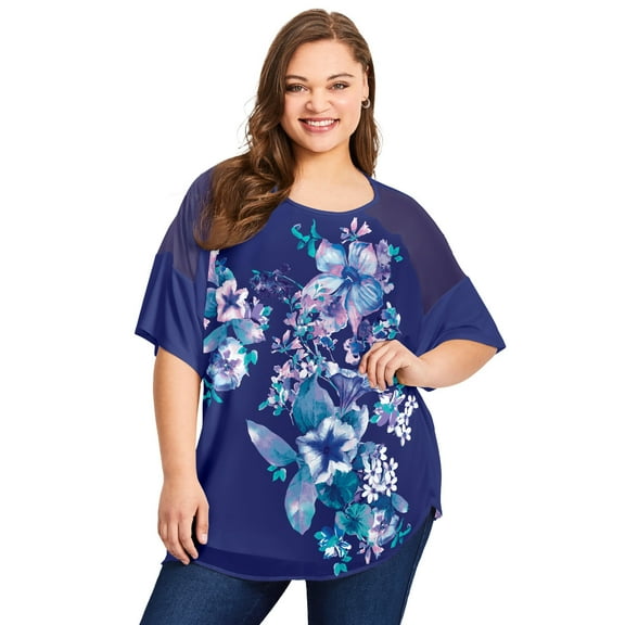Avenue Women's Plus Size Mixed Media Floral Print Top