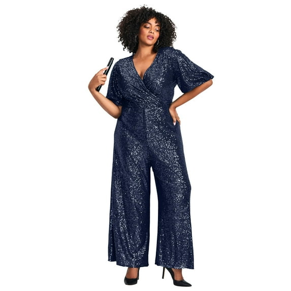 Avenue Women's Plus Size Nada Sequin Sleeve Jumpsuit