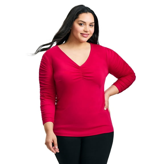 Avenue Women's Plus Size Naomi V Neck Gathered Sleeve Top