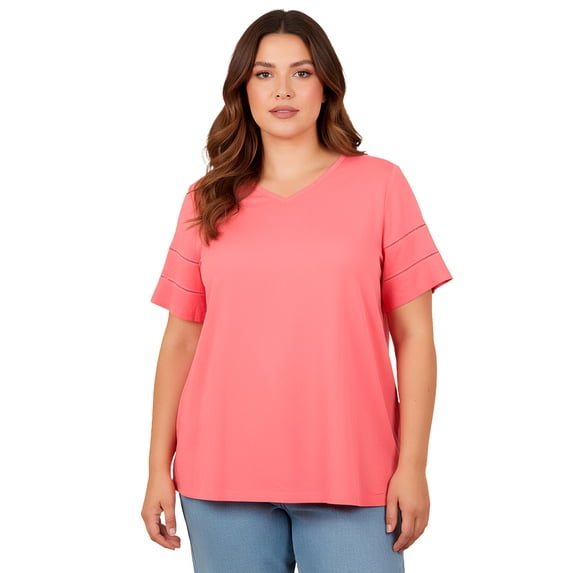 Avenue Women's Plus Size Openwork Trim Short Sleeve Top