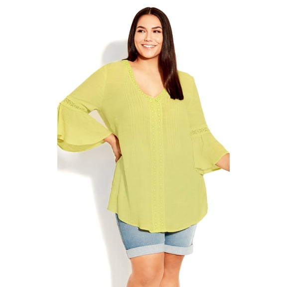 Avenue Women's Plus Size Pleat Lace Tunic Top Elbow Sleeves - Citrus